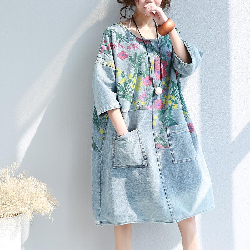 Buddha Trends Dress Light Blue / One Size Loose Floral Printed Hippie Shirt Dress