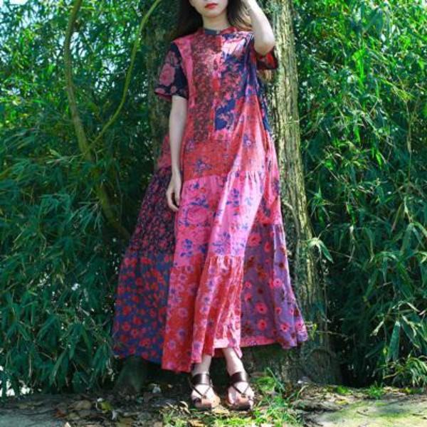 Buddha Trends Dress Multi-Pink / M Multicolor Random Patchwork Hippie Dress