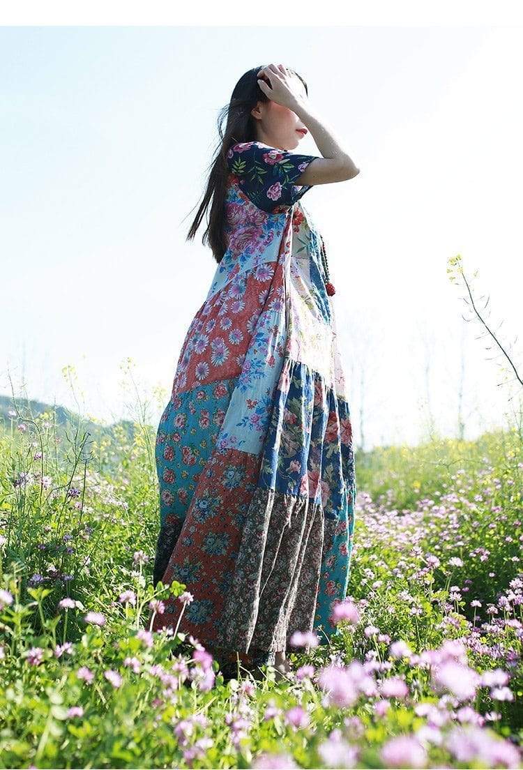 Buddha Trends Dress Multicolor Random Patchwork Hippie Dress