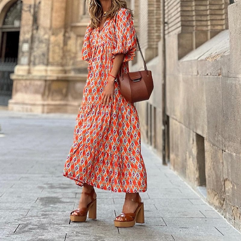 Buddha Trends Dress Orange Red / S Nathaly Boho Puff Sleeves Dress