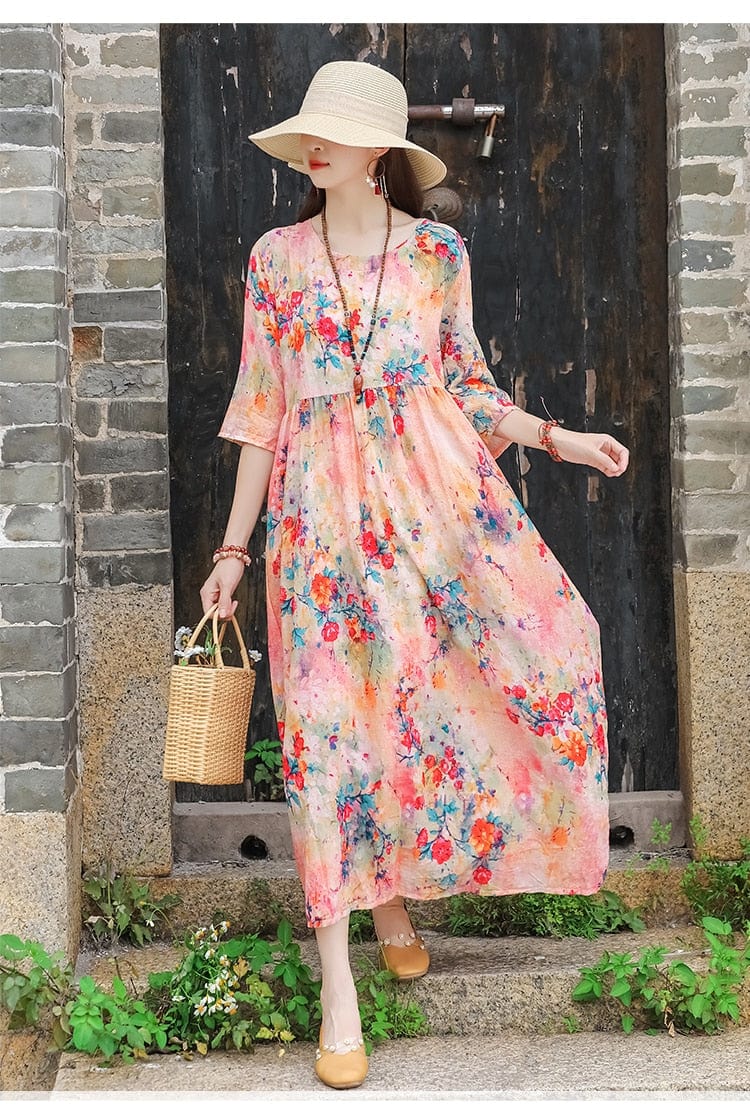 Buddha Trends Dress Palomita Vintage Cotton Linen Dress