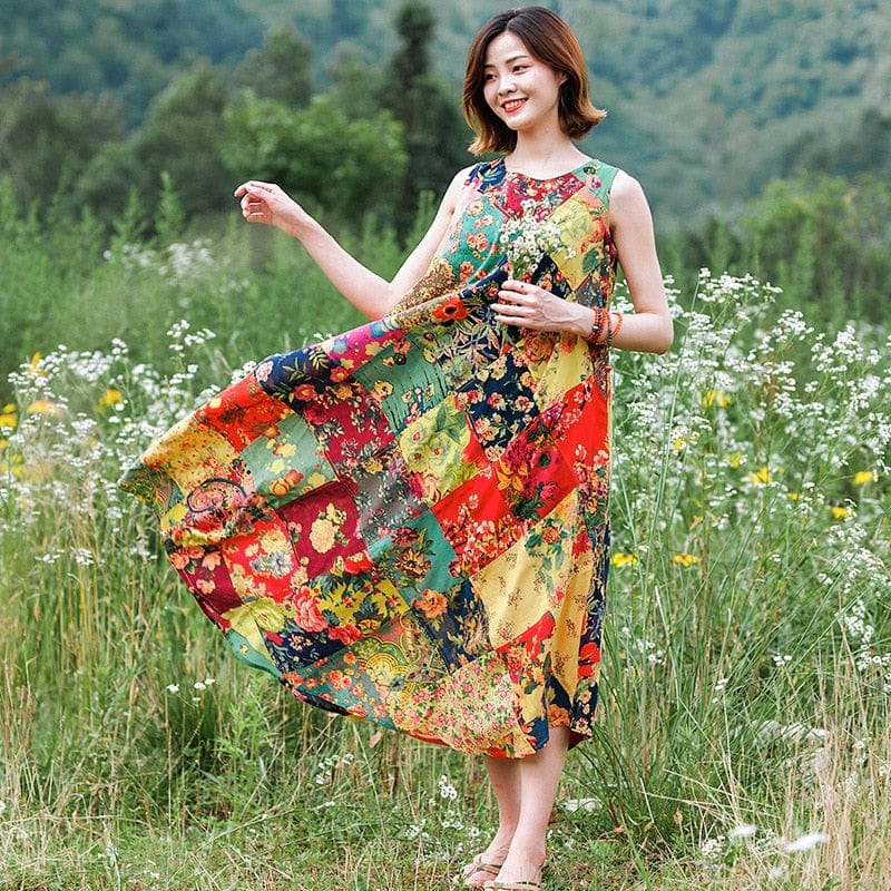 Buddha Trends Dress Patchwork Colourful Cotton Hippie Dress