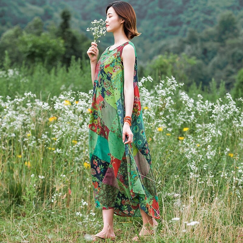Buddha Trends Dress Patchwork Colourful Cotton Hippie Dress
