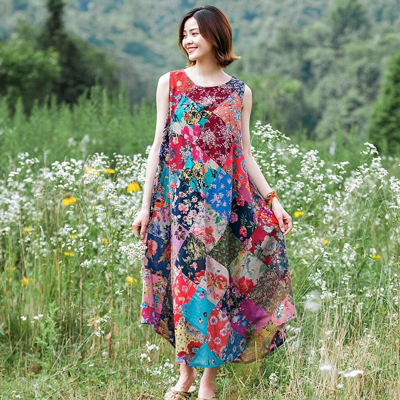 Buddha Trends Dress Patchwork Colourful Cotton Hippie Dress
