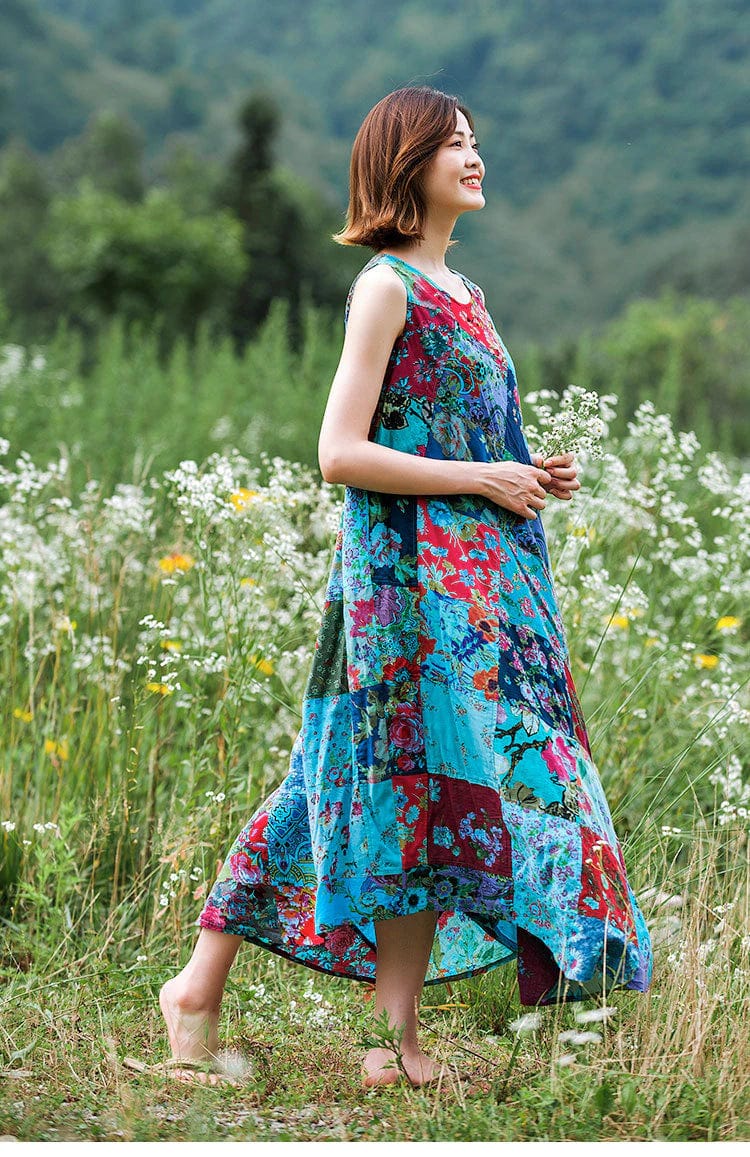 Buddha Trends Dress Patchwork Colourful Cotton Hippie Dress