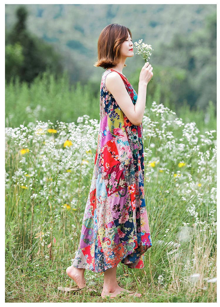 Buddha Trends Dress Patchwork Colourful Cotton Hippie Dress