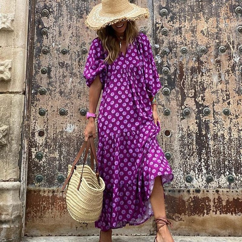 Buddha Trends Dress Purple / S Nathaly Boho Puff Sleeves Dress