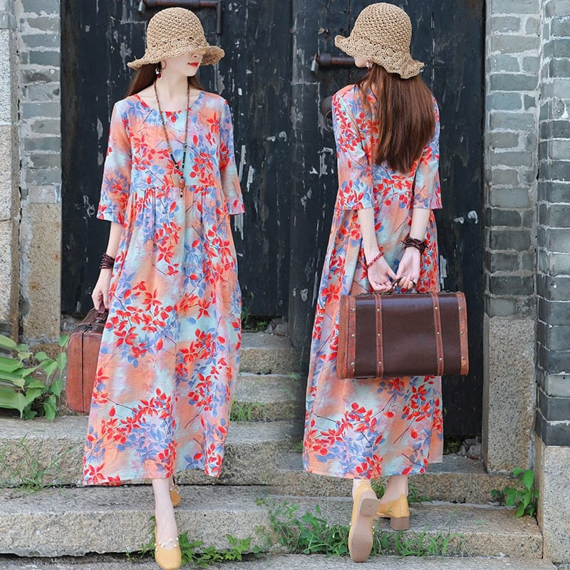 Buddha Trends Dress red floral / M Palomita Vintage Cotton Linen Dress