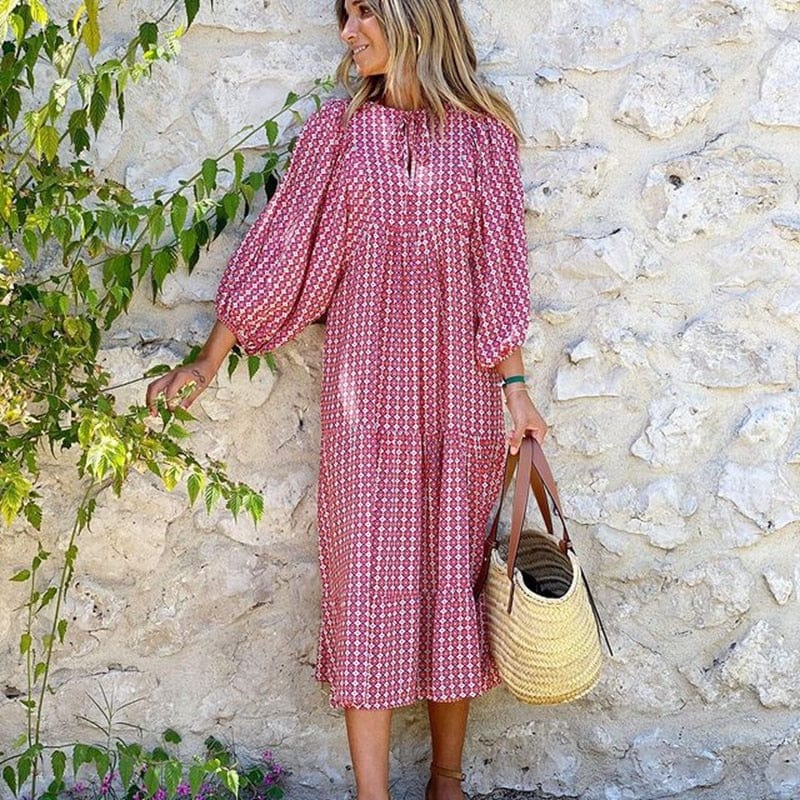 Buddha Trends Dress Red Pink / S Nathaly Boho Puff Sleeves Dress