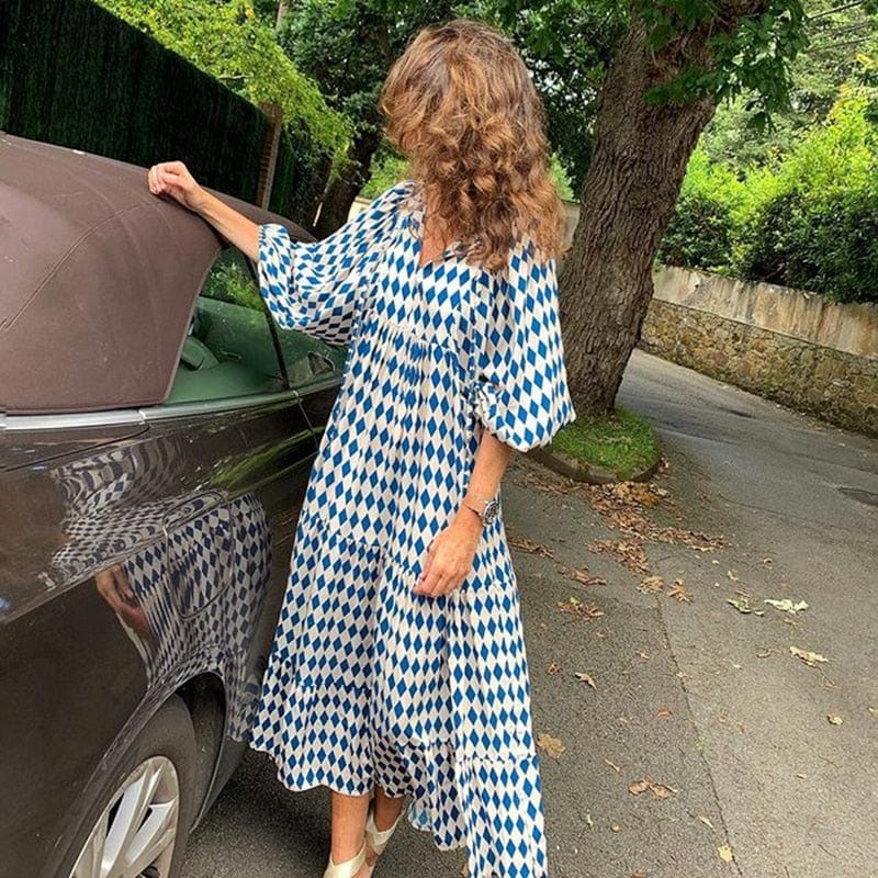 Buddha Trends Dress Sky Blue / S Nathaly Boho Puff Sleeves Dress