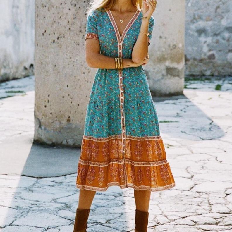 Boho Hippie Floral Printed Midi Dress Boho Hippie Floral Printed Midi Dress