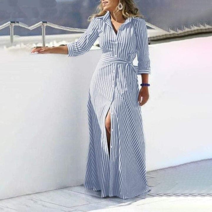 Buddha Trends Dress White & Blue / L My Destiny Striped Maxi Shirt Dress