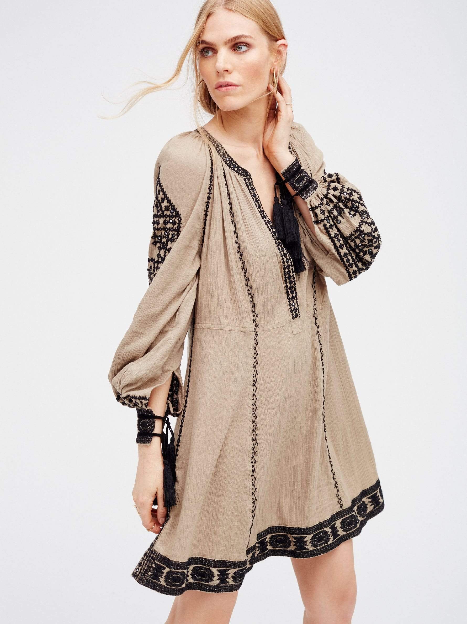Buddha Trends Gemini Embroidery V-Neck Boho Mini Dress