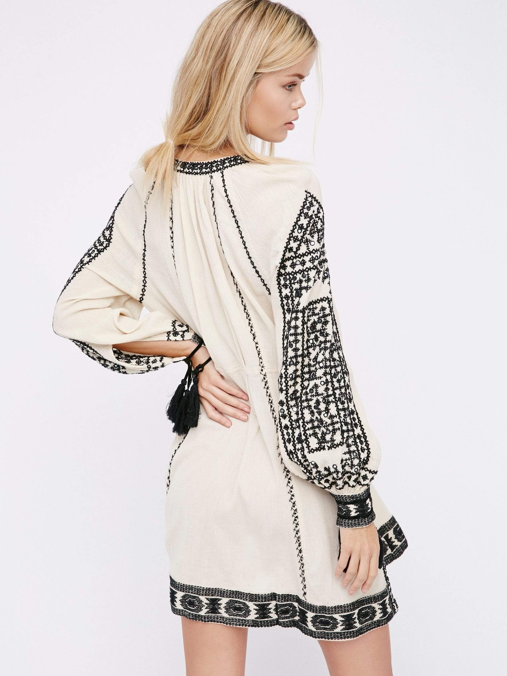 Buddha Trends Gemini Embroidery V-Neck Boho Mini Dress