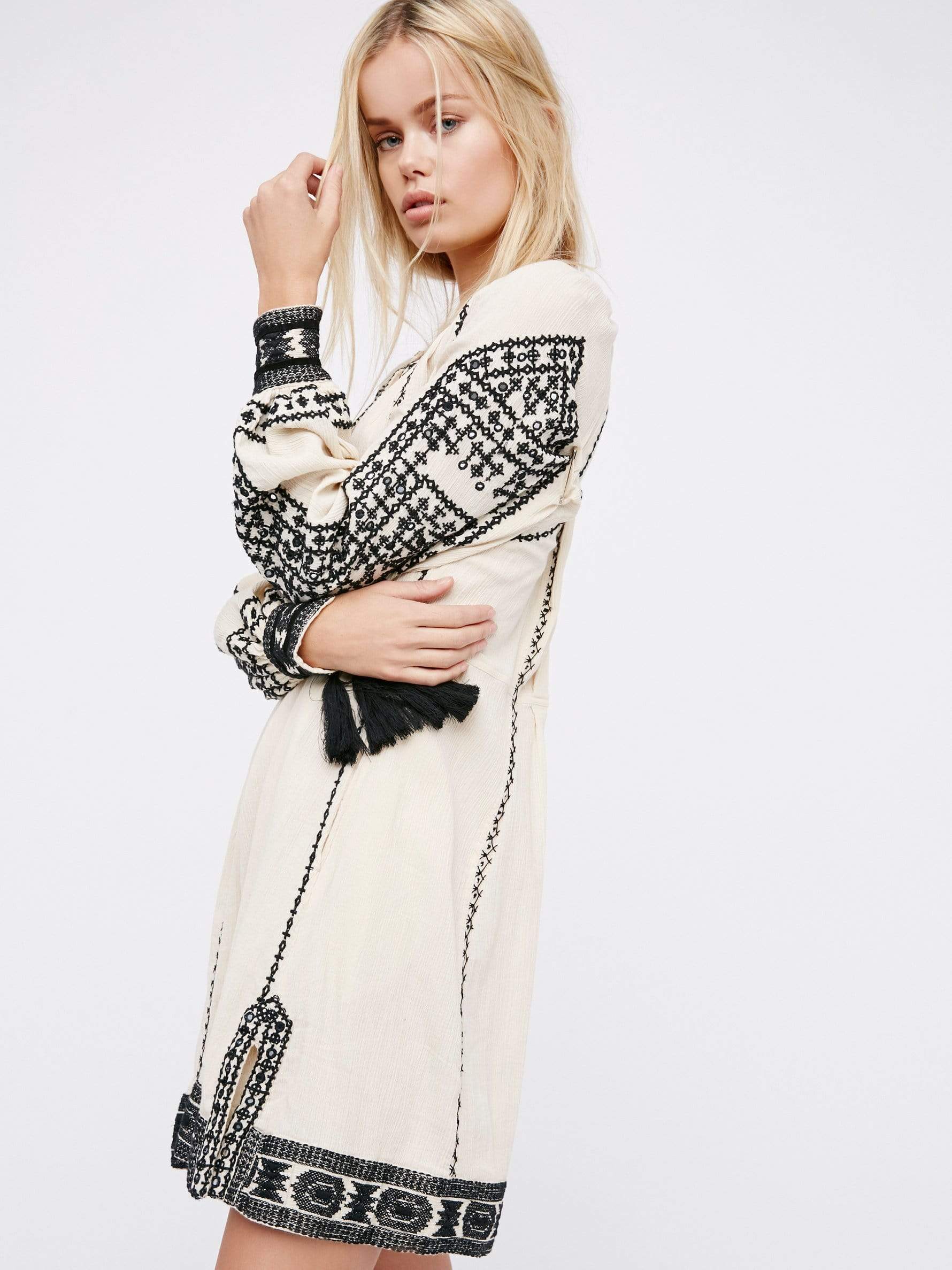 Buddha Trends Gemini Embroidery V-Neck Boho Mini Dress