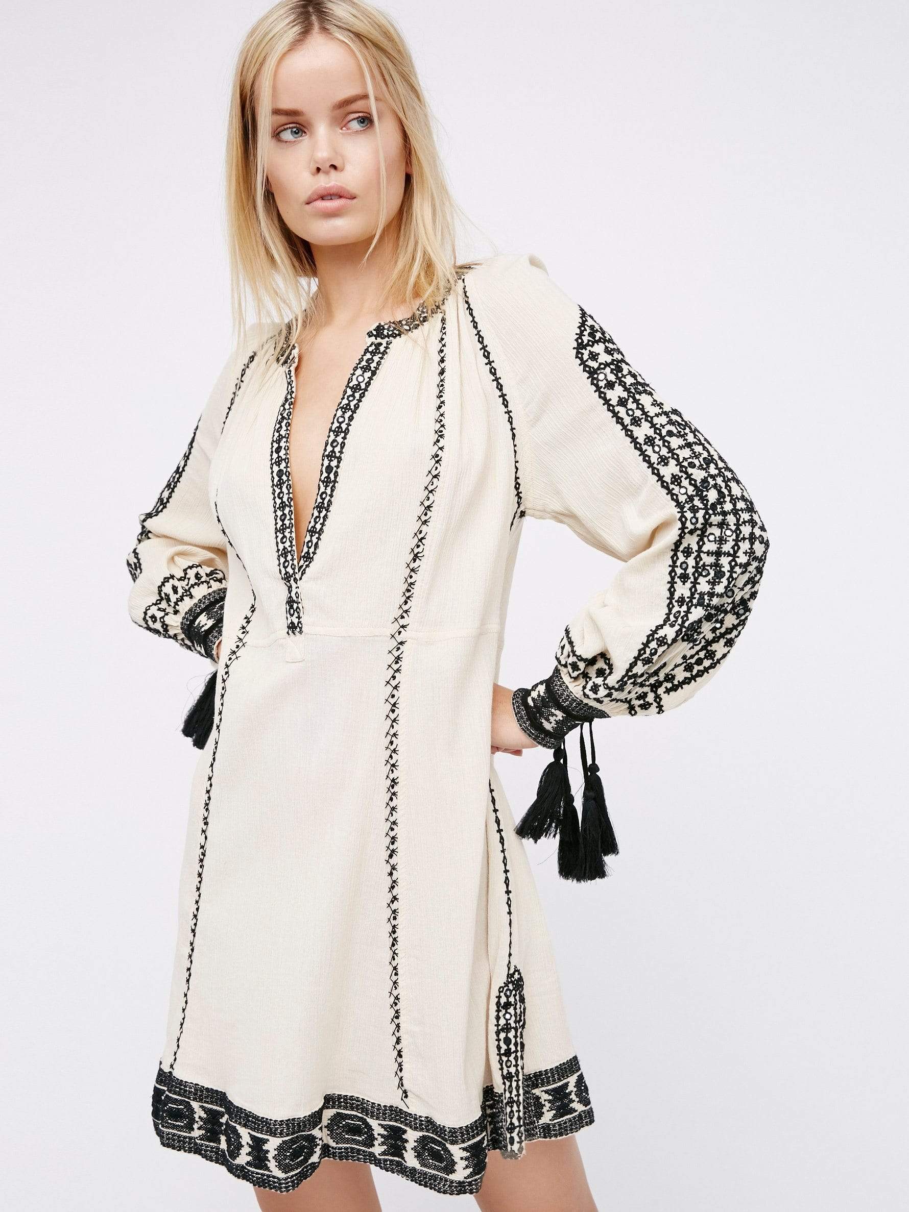 Buddha Trends Gemini Embroidery V-Neck Boho Mini Dress
