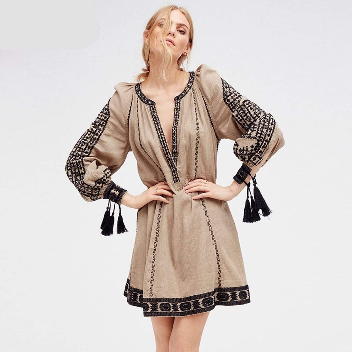 Gemini Embroidery V-Neck Boho Mini Dress Buddhatrends Gemini Embroidery V-Neck Boho Mini Dress Buddhatrends
