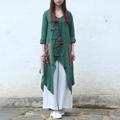 Buddha Trends green / One Size Chinese Style Draped Linen Shirt  | Zen