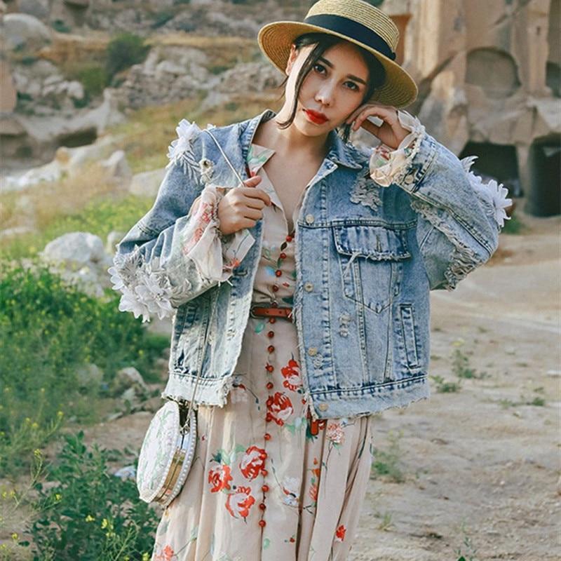 Buddha Trends Jackets One Size / Light Blue Light Wash Floral Appliques Denim Jacket
