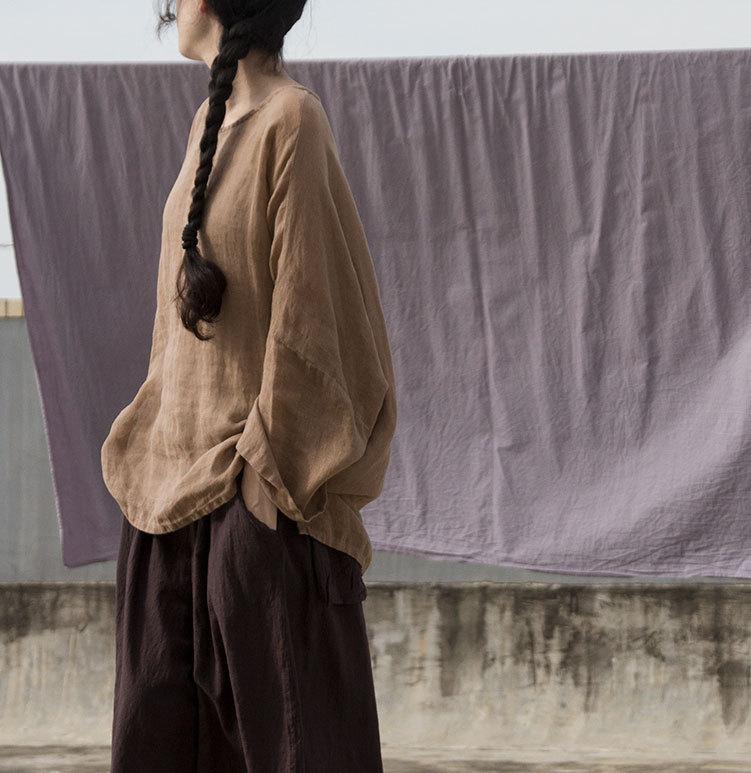 Buddha Trends Khaki Long Sleeve Linen Shirt | Lotus