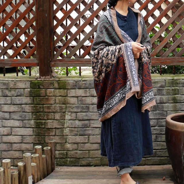 Buddha Trends khaki / One Size Paisley Print Oversized Vintage Scarves | Zen