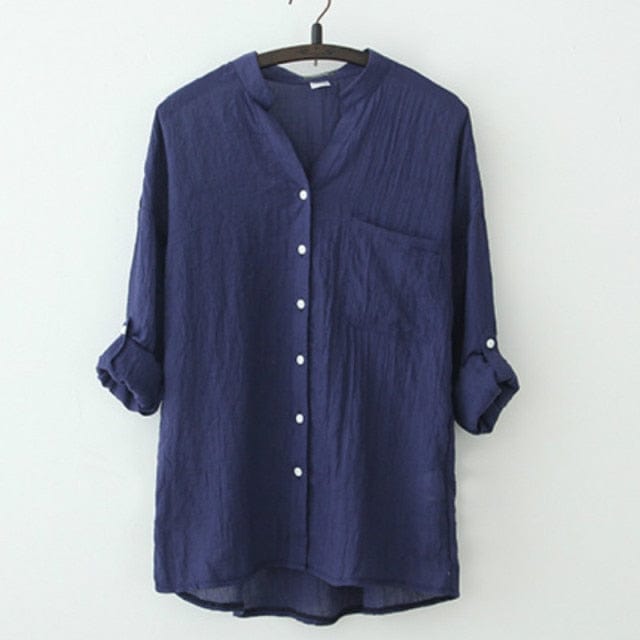 Buddha Trends L / Blue Vintage Button Up Cotton Linen Blouse