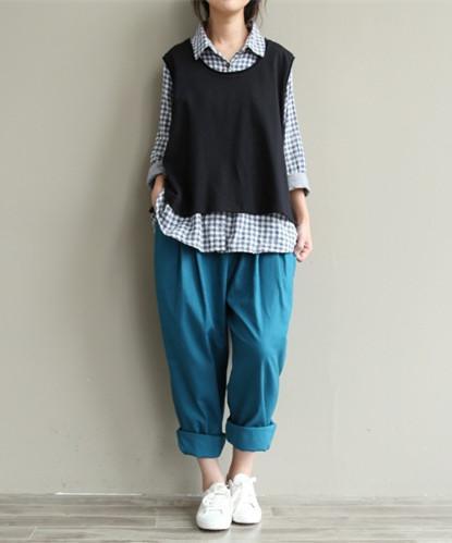 Buddha Trends lake blue / One Size Casual Literary Roll-up Trousers | Zen