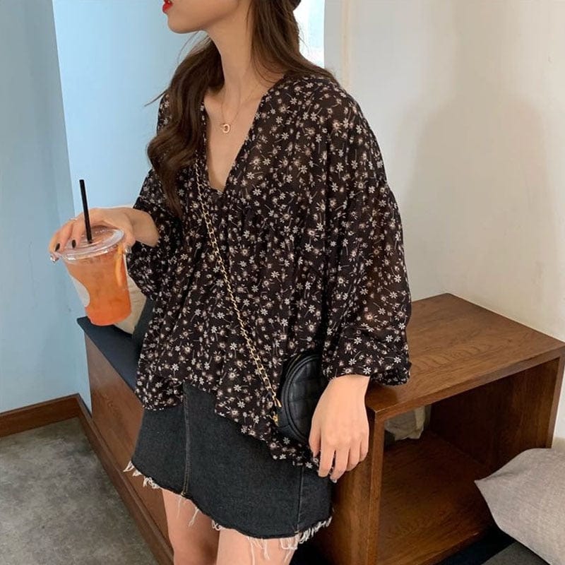 Buddha Trends Lily of The Incas Puff Sleeve Floral Blouse