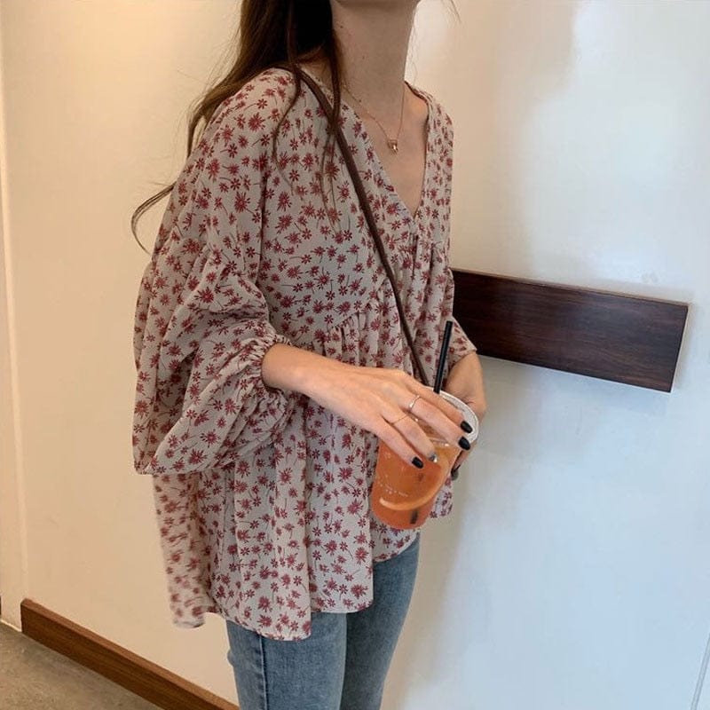 Buddha Trends Lily of The Incas Puff Sleeve Floral Blouse