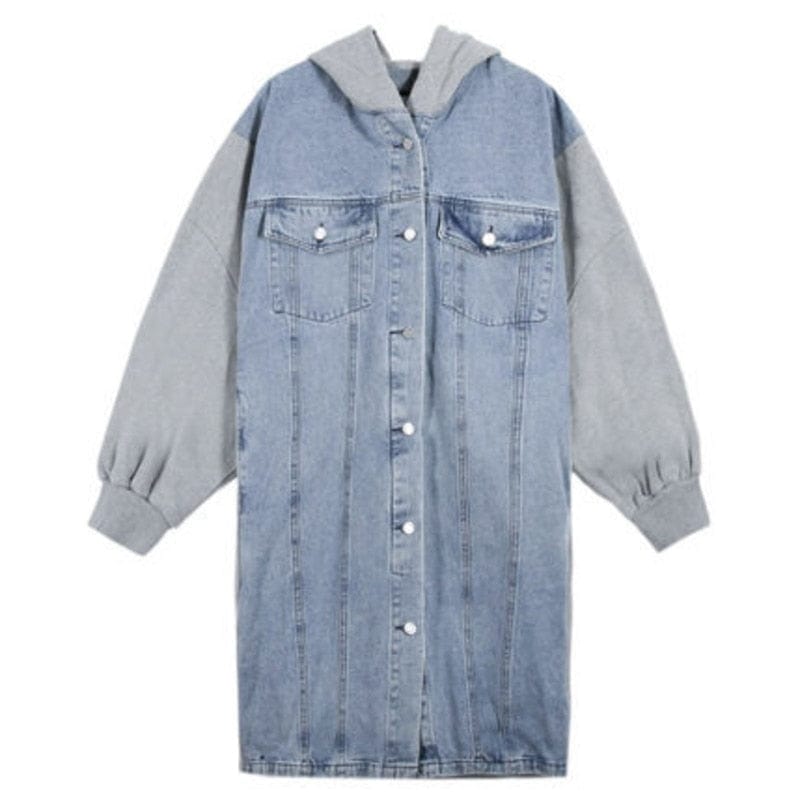 Buddha Trends Long Hooded Denim Jacket With Sweater Sleeves
