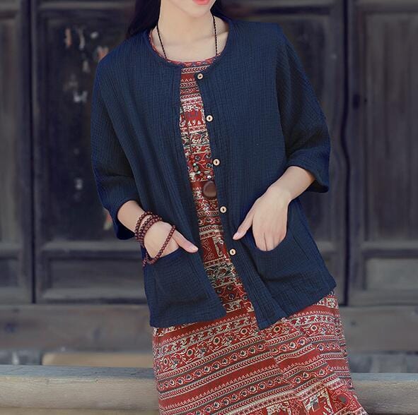 Buddha Trends Navy Blue / 6XL Zen Cotton Linen Blouse | Zen