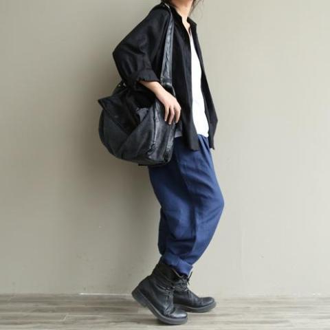 Buddha Trends navy blue / One Size Casual Literary Roll-up Trousers | Zen