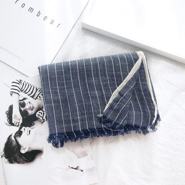 Buddha Trends Navy Blue Striped Cotton & Linen Shawls