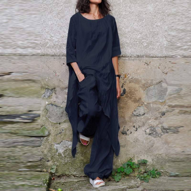 Buddha Trends Navy / S Celmia Long Asymmetrical Shirt + Pants Set