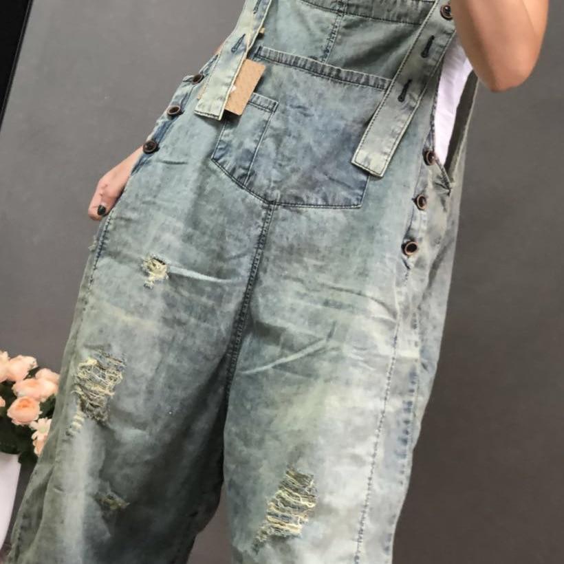 Buddha Trends One Size / Light Blue 3/4 Length Boyfriend Ripped Denim Overall