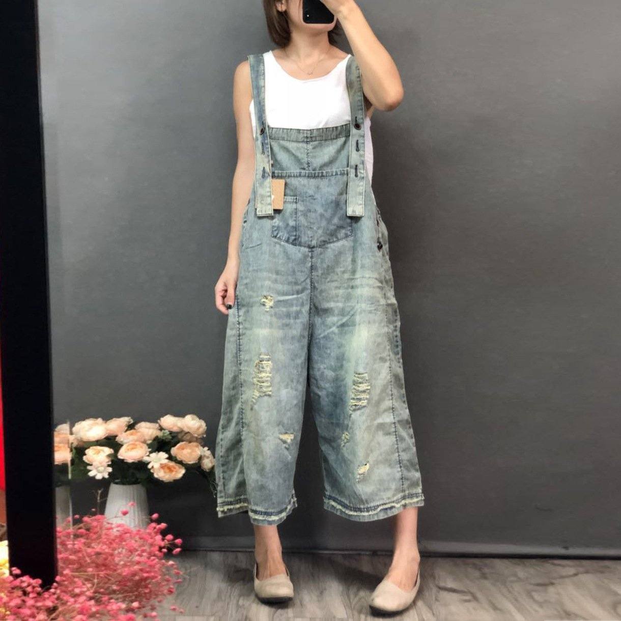 Buddha Trends One Size / Light Blue 3/4 Length Boyfriend Ripped Denim Overall