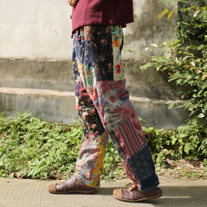 Buddha Trends One Size / Multicolor Floral Patchwork Linen Hippie Pants