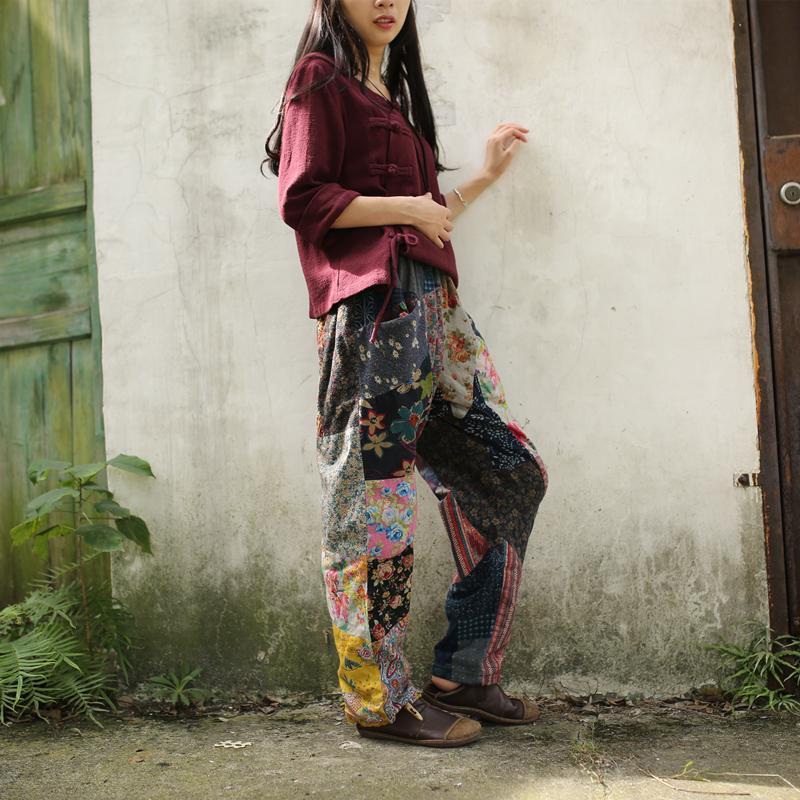 Buddha Trends One Size / Multicolor Floral Patchwork Linen Hippie Pants