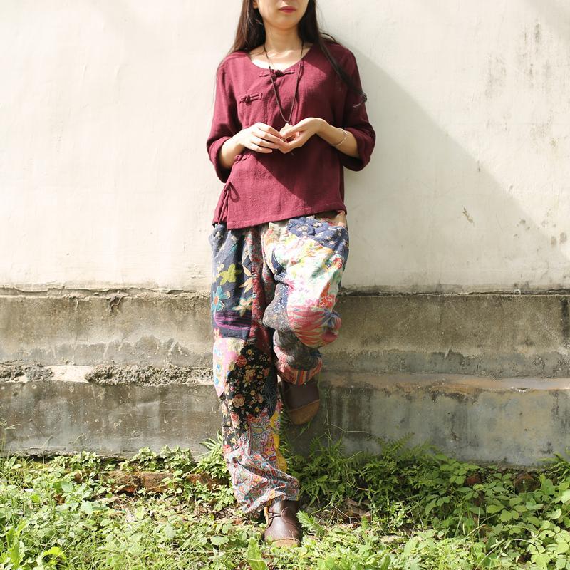Buddha Trends One Size / Multicolor Floral Patchwork Linen Hippie Pants