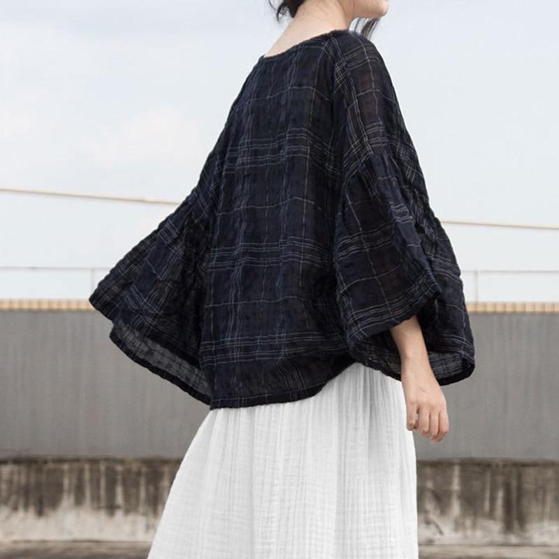 Buddha Trends One Size / Navy Blue Butterfly Sleeve Plaid Ramie Shirt | Lotus