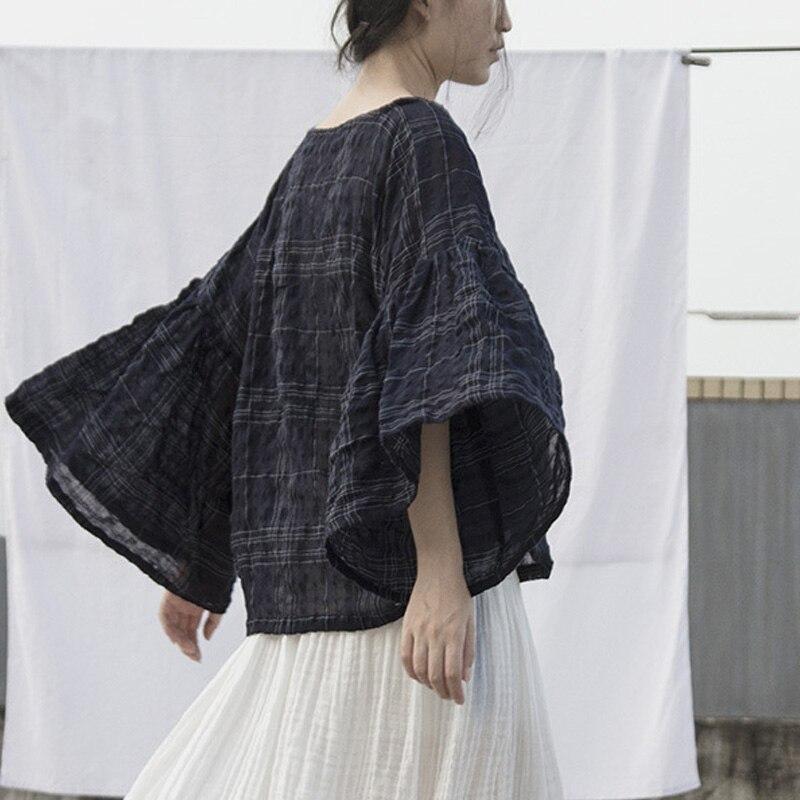 Buddha Trends One Size / Navy Blue Butterfly Sleeve Plaid Ramie Shirt | Lotus