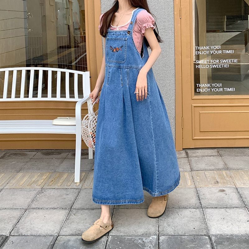 Buddha Trends overall dress Blue / S Blue Denim Midi Overall Dress