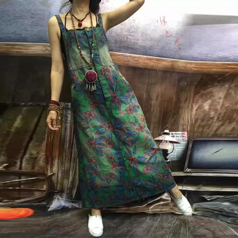 Buddha Trends overall dress Floral Long Denim Overall Dress