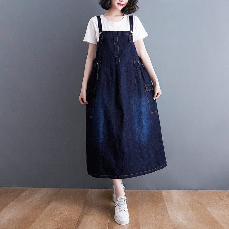 navy blue overall dress Navy Denim Maternity Overall Dress