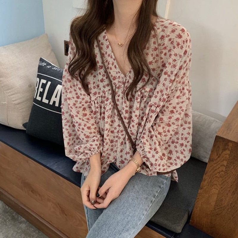 Buddha Trends Pink / M Lily of The Incas Puff Sleeve Floral Blouse