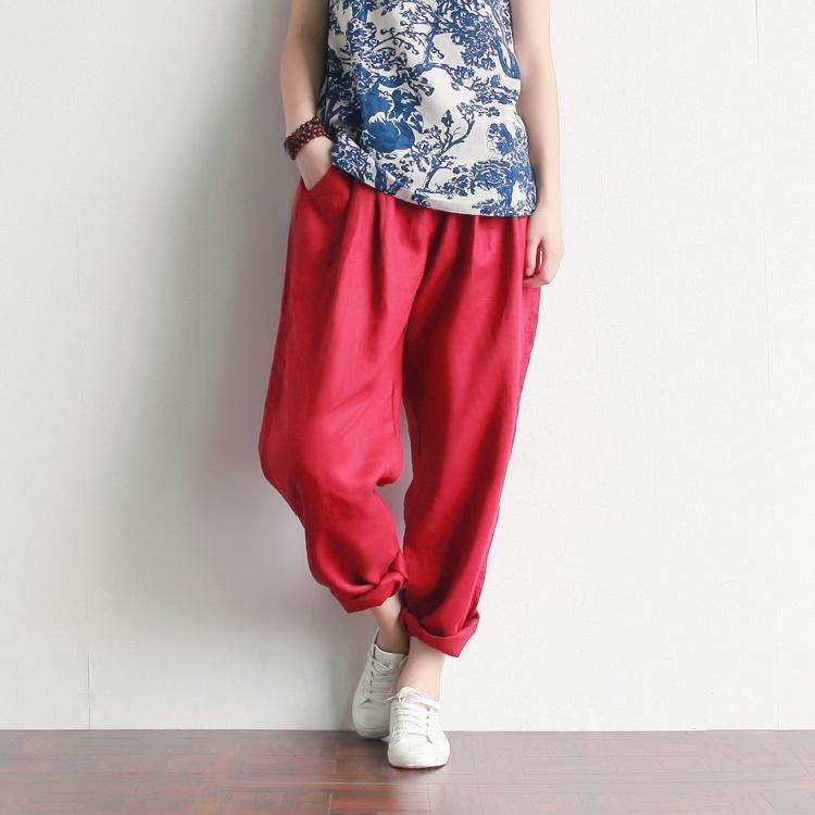 Buddha Trends Red / One Size Casual Literary Roll-up Trousers | Zen