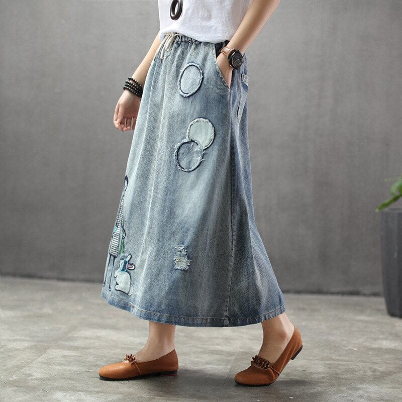 Buddha Trends Skirts Embroidered Patchwork Kawaii Denim Skirt
