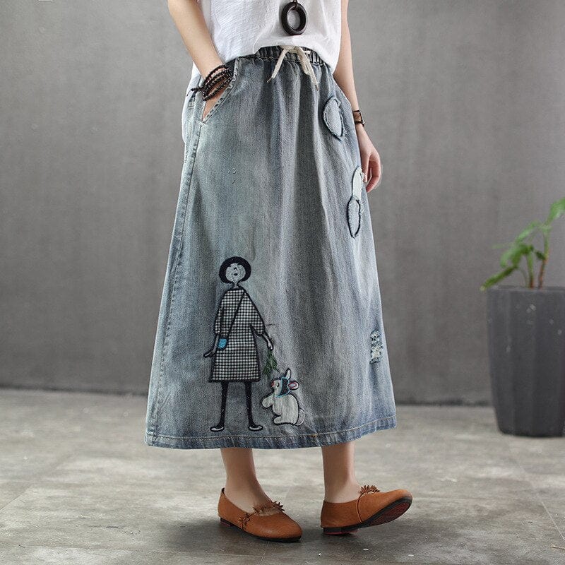 Buddha Trends Skirts Embroidered Patchwork Kawaii Denim Skirt
