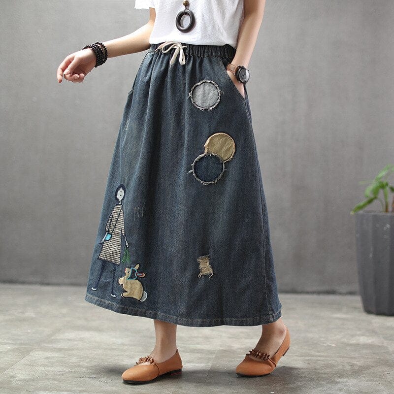 Buddha Trends Skirts Embroidered Patchwork Kawaii Denim Skirt