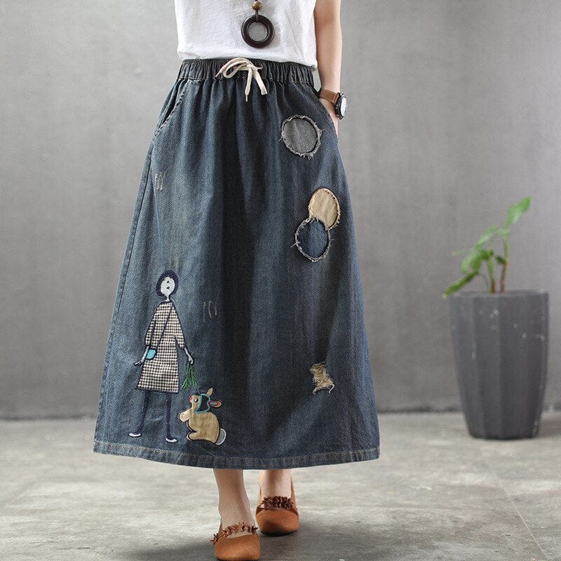 Buddha Trends Skirts Embroidered Patchwork Kawaii Denim Skirt